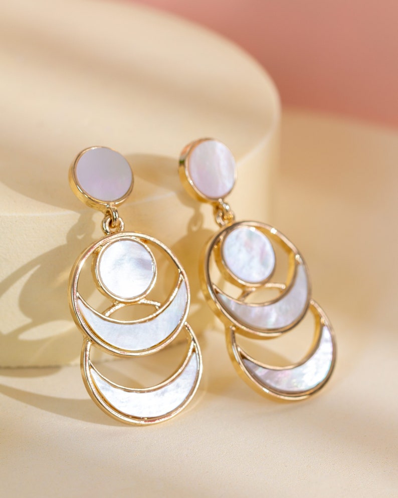 Moon Earrings Dangle, Mother of Pearl Earrings Gold, White Shell Earring Drop, Geometric Statement Earrings, Unique Celestial Jewelry Gift image 2