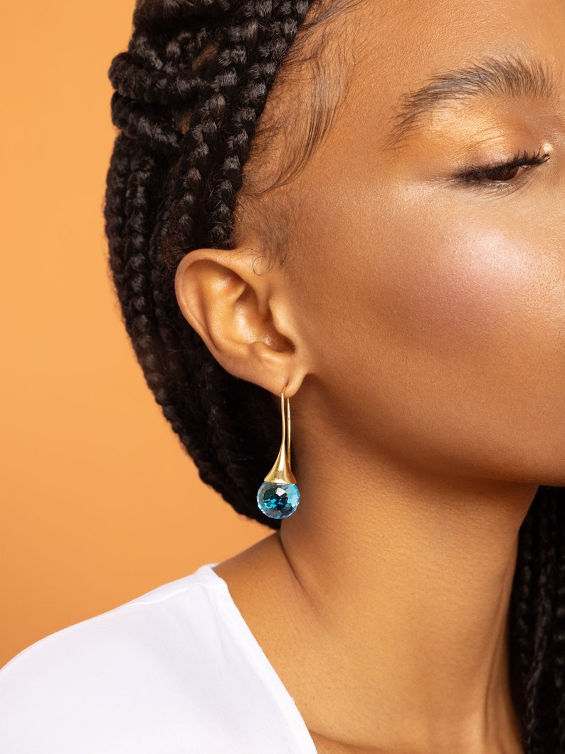 Blue Topaz Teardrop Crystal Earrings Dangle, Sky Blue Water Drop Earrings, Electric Blue Earrings Gold, March Birthstone Jewelry for Women image 2