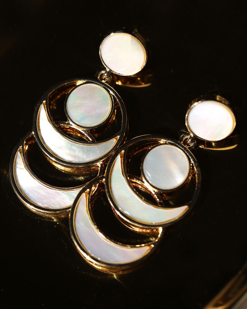 Moon Earrings Dangle, Mother of Pearl Earrings Gold, White Shell Earring Drop, Geometric Statement Earrings, Unique Celestial Jewelry Gift image 7