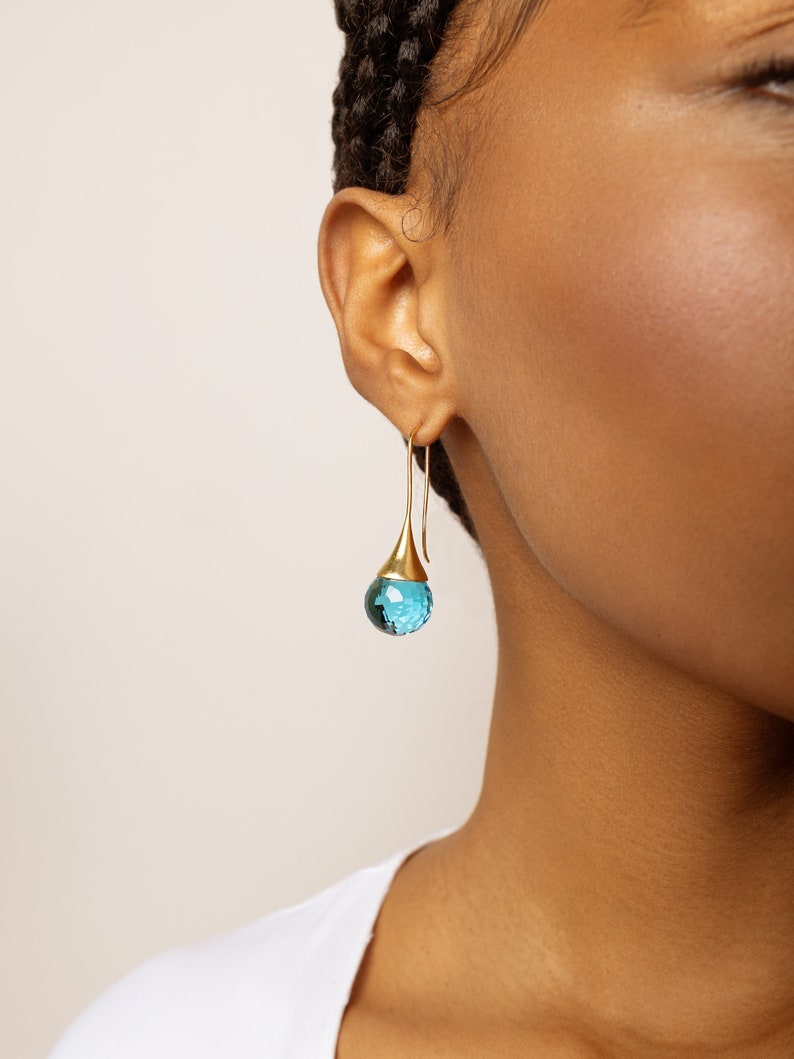 Blue Topaz Teardrop Crystal Earrings Dangle, Sky Blue Water Drop Earrings, Electric Blue Earrings Gold, March Birthstone Jewelry for Women image 5