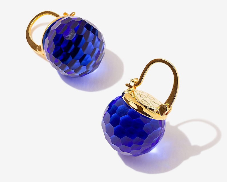 Royal Blue Earrings Dangle, Sapphire Earrings Gold, Deep Blue Earrings, Crystal Earrings Drop, Leverback Sparkly Faceted Sphere Jewelry Gold