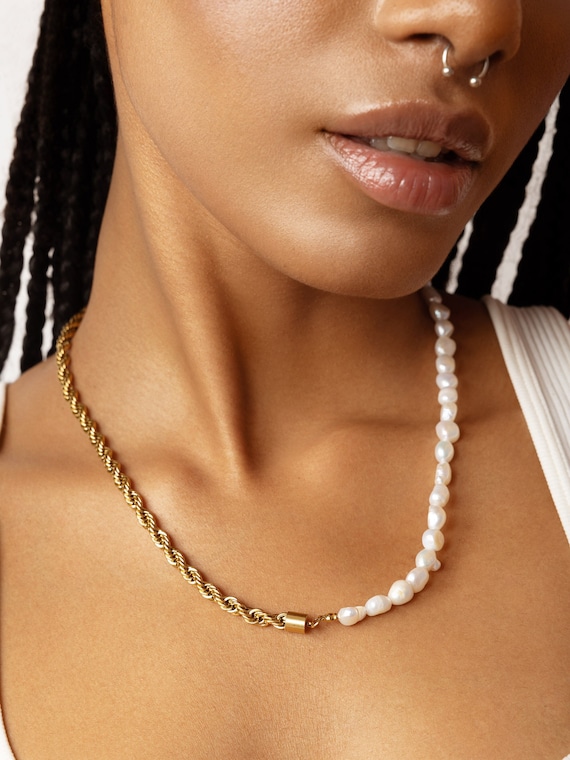 Seashell Island Thin Half & Half Gold Pearl Necklace – The Wanderlust Bazaar