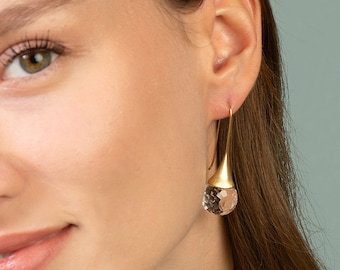 Clear Quartz Teardrop Crystal Earrings Dangle, Transparent Water Drop Earrings, Sparkly Earrings Gold, Jewelry Gift for Women