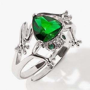Emerald Ring, Silver Plated Frog Ring, Cute Toad Animal Jewelry, Triangle Cut Green CZ Ring, Sparkly and Adjustable, Unique, and Fun Jewelry image 3