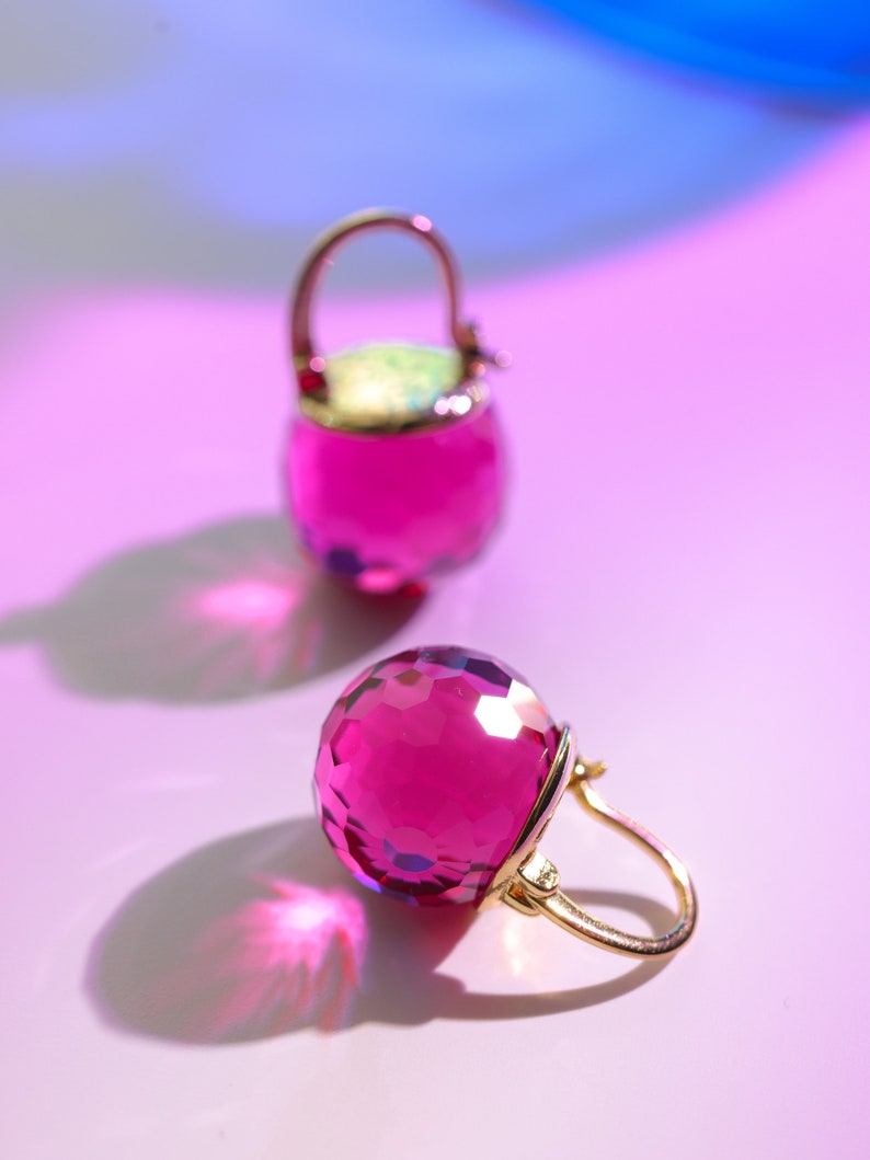 Pink Tourmaline Crystal Earrings, Fuchsia Dangle Earrings, Austrian Crystal Ball Jewelry for Women, Sparkling Earrings image 3