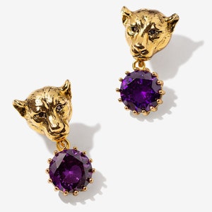Amethyst Earrings, Jaguar Earrings with Purple CZ Stones, Vintage Style Panther Statement, Gold Plated Leopard Jewelry