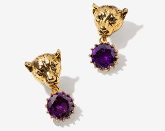 Amethyst Earrings, Jaguar Earrings with Purple CZ Stones, Vintage Style Panther Statement, Gold Plated Leopard Jewelry