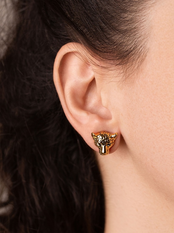 Jaguar Gold Stud Earrings Vintage Style Leopard Earrings Panther