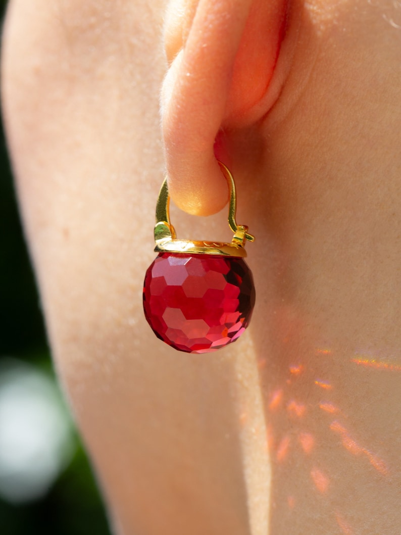 Red Crystal Earrings, Ruby Earrings Dangle, Garnet Drop Earrings, Faceted Crystal, Gold Lever Back, July Birthstone Jewelry Gold