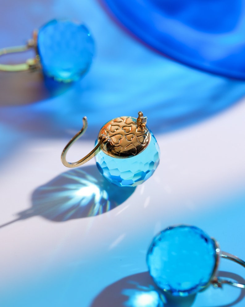 Aquamarine Earrings Dangle, Blue Crystal Earrings Leverback, Blue Earrings Gold, March Birthstone Earrings Gold image 5