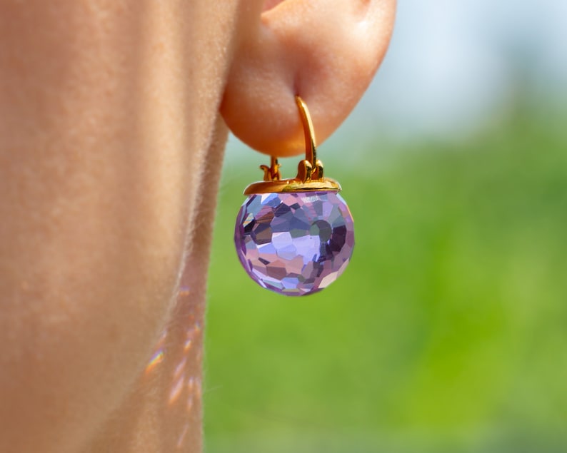 Lavender Earrings, Lilac Crystal Ball Dangle Earrings, Bridal Jewelry Gift For Women with Gold / Silver Options image 2