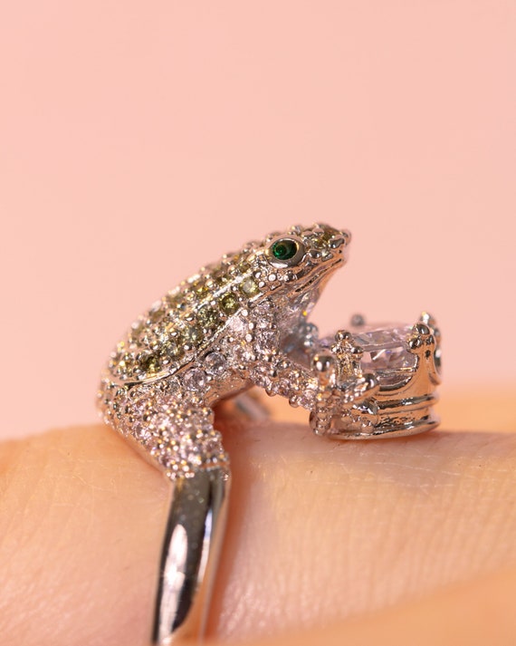 Silver Frog Ring Crown Ring With Cubic Zirconia Stones