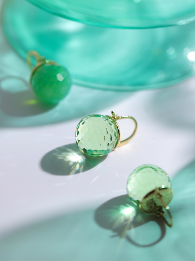 Mint Green Dangle Earrings, Peridot Austrian Crystal Ball, Sparkly Sphere Gold Lever Back Earrings, August Birthstone Jewelry for Women image 2