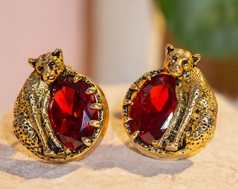Ruby Statement Earrings, Cheetah Earrings With Sparkly Red Cubic Zirconia Stones, Gold Plated Vintage Style Jewelry