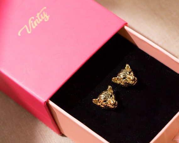 Jaguar Gold Stud Earrings, Vintage Style Leopard Earrings