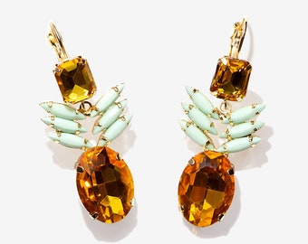 Pineapple Earrings Dangle, Pineapple Jewelry, Citrine Earring for Women, Pineapple Gift for Her, Fruit Earring Glass, Summer Earrings Dangle