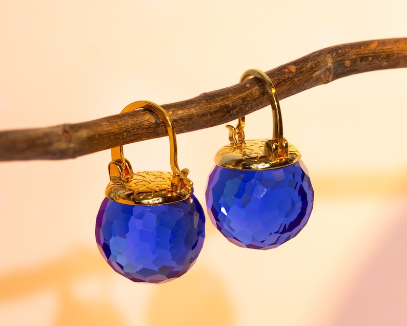 Royal Blue Earrings Dangle, Sapphire Earrings Gold, Deep Blue Earrings, Crystal Earrings Drop, Leverback Sparkly Faceted Sphere Jewelry image 3