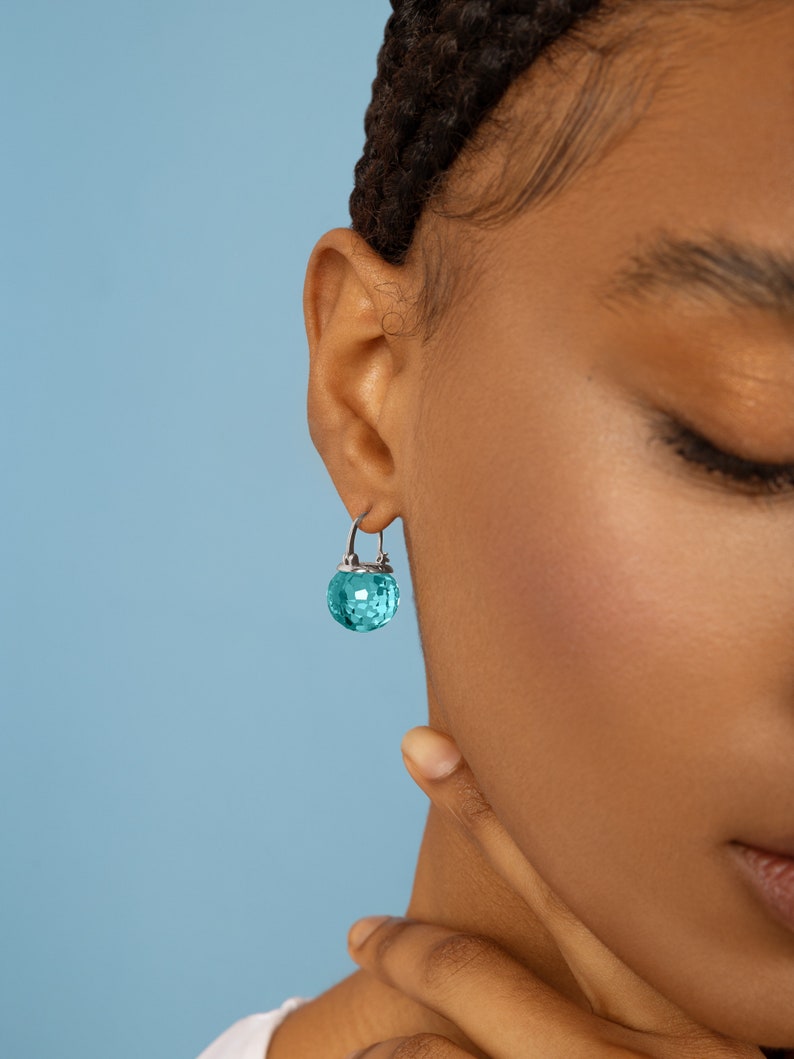 Aquamarine Earrings Dangle, Blue Crystal Earrings Leverback, Blue Earrings Gold, March Birthstone Earrings Gold image 2