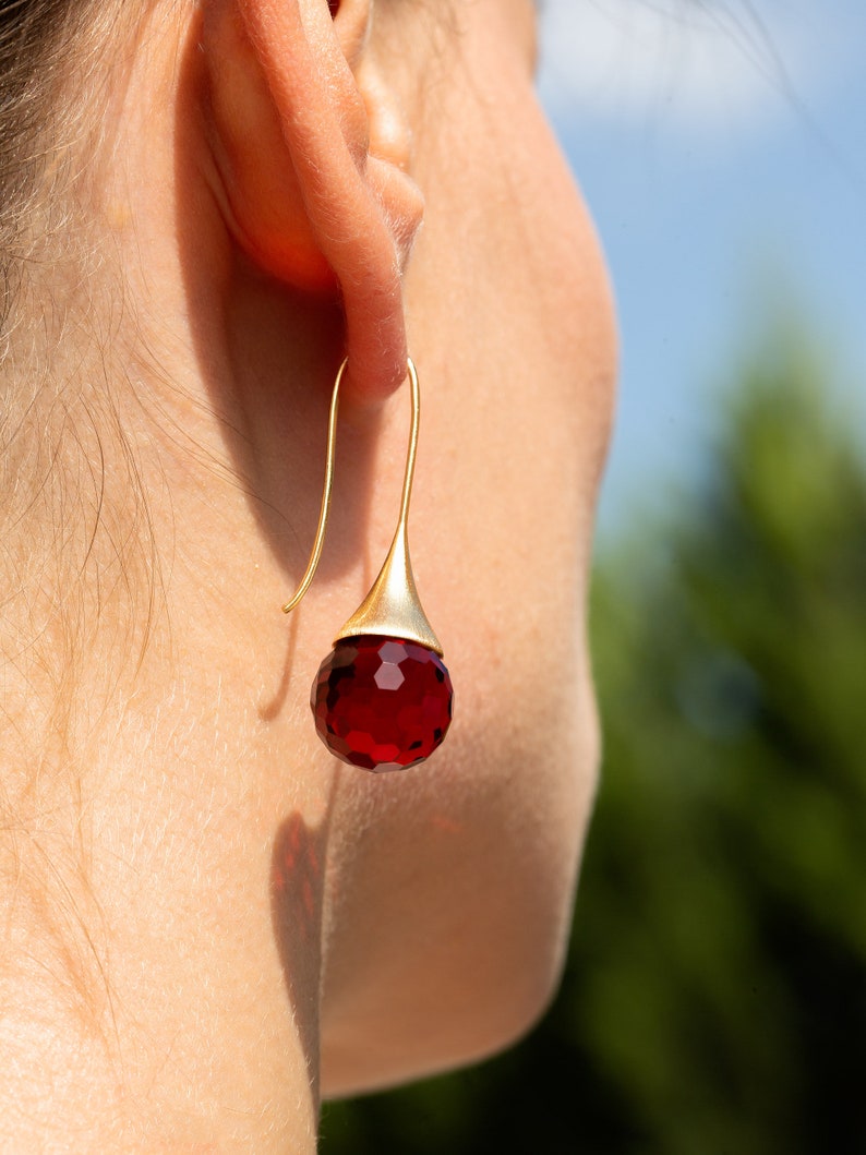 Red Austrian Crystal Teardrop Dangle Earrings, Ruby Water Drop Earrings, Gold Garnet Jewelry for Women image 3