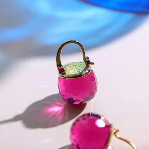 Pink Tourmaline Crystal Earrings, Fuchsia Dangle Earrings, Austrian Crystal Ball Jewelry for Women, Sparkling Earrings