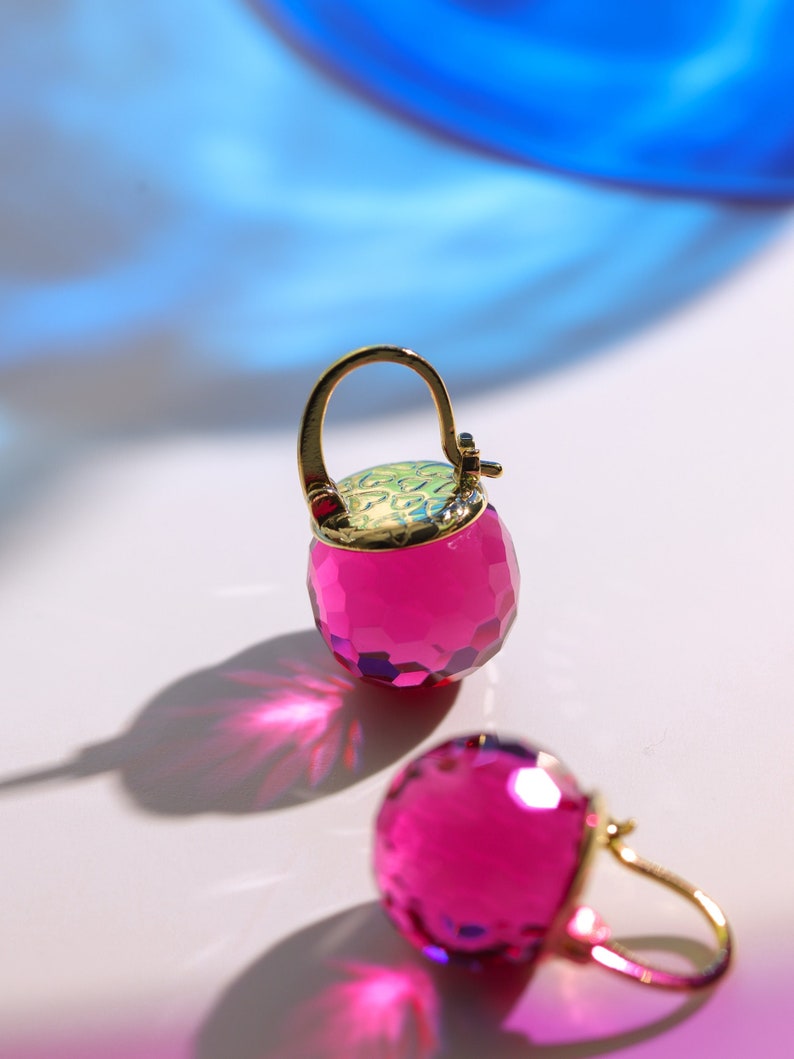 Pink Tourmaline Crystal Earrings, Fuchsia Dangle Earrings, Austrian Crystal Ball Jewelry for Women, Sparkling Earrings image 1
