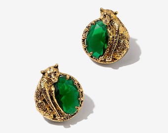 Jaguar Statement Earrings with Emerald CZ Stones, Gold Plated Vintage Style Jewelry