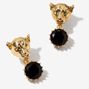 Onyx Earrings, Jaguar Earrings with Black CZ Stones, Vintage Style Gold Panther, Leopard Statement Jewelry