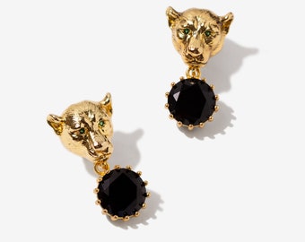 Onyx Earrings, Jaguar Earrings with Black CZ Stones, Vintage Style Gold Panther, Leopard Statement Jewelry