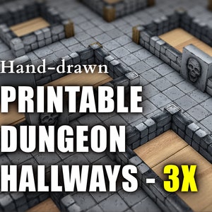 Printable Dungeon Tiles: 3-tile-wide hallway modules