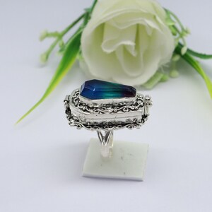 K&ouml;nnte beinhalten: Ein silberner Ring mit einem Sargf&ouml;rmigen blauen und gr&uuml;nen Edelstein. Der Ring ist mit kunstvollen silbernen Schn&ouml;rkeln verziert und hat einen Klappdeckel.