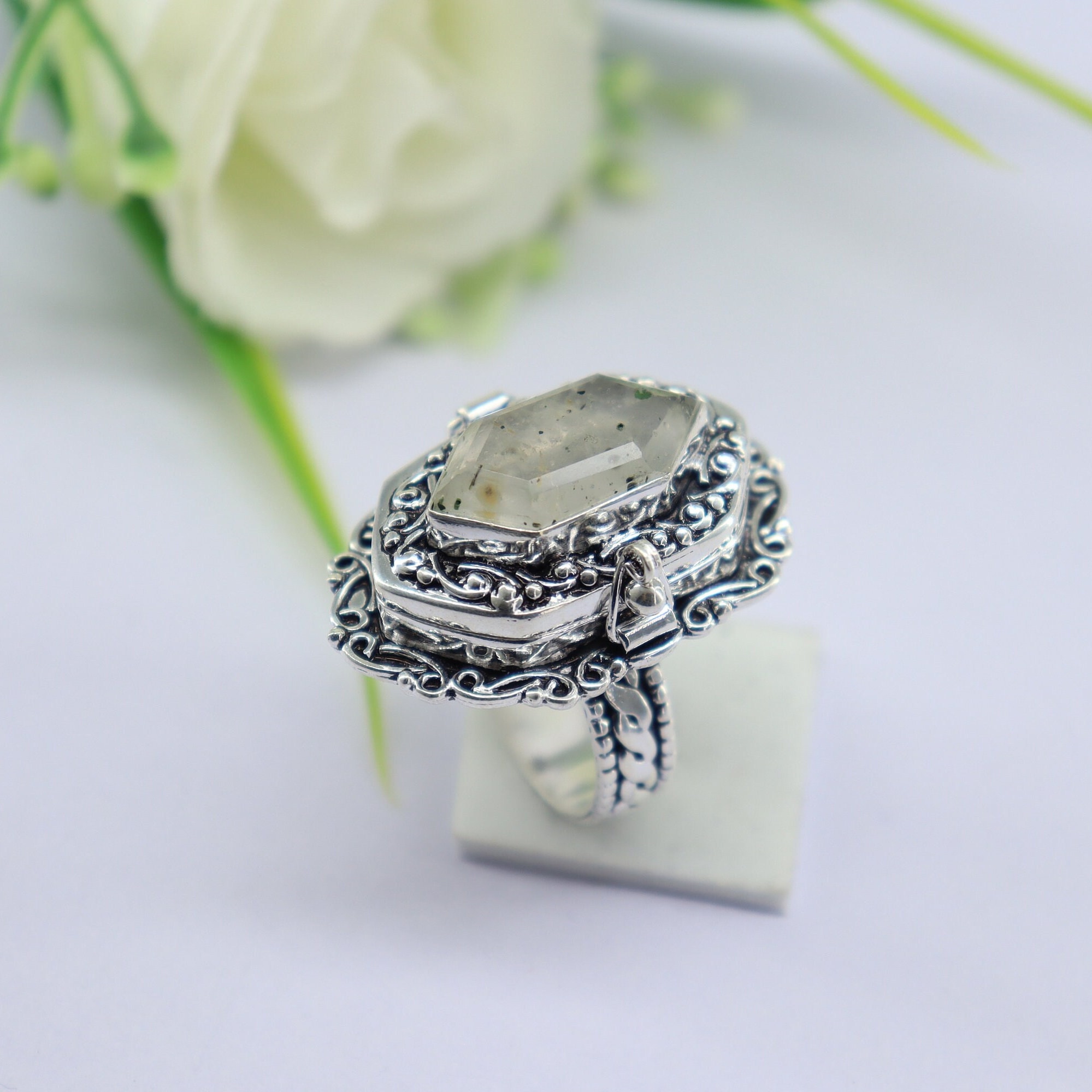 Super Seven Quartz Locket Ring: Handmade Sterling Silver Birthstone