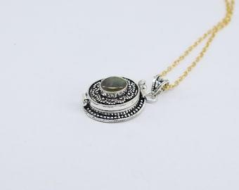 Collier médaillon labradorite : pendentif boîte ronde en argent sterling