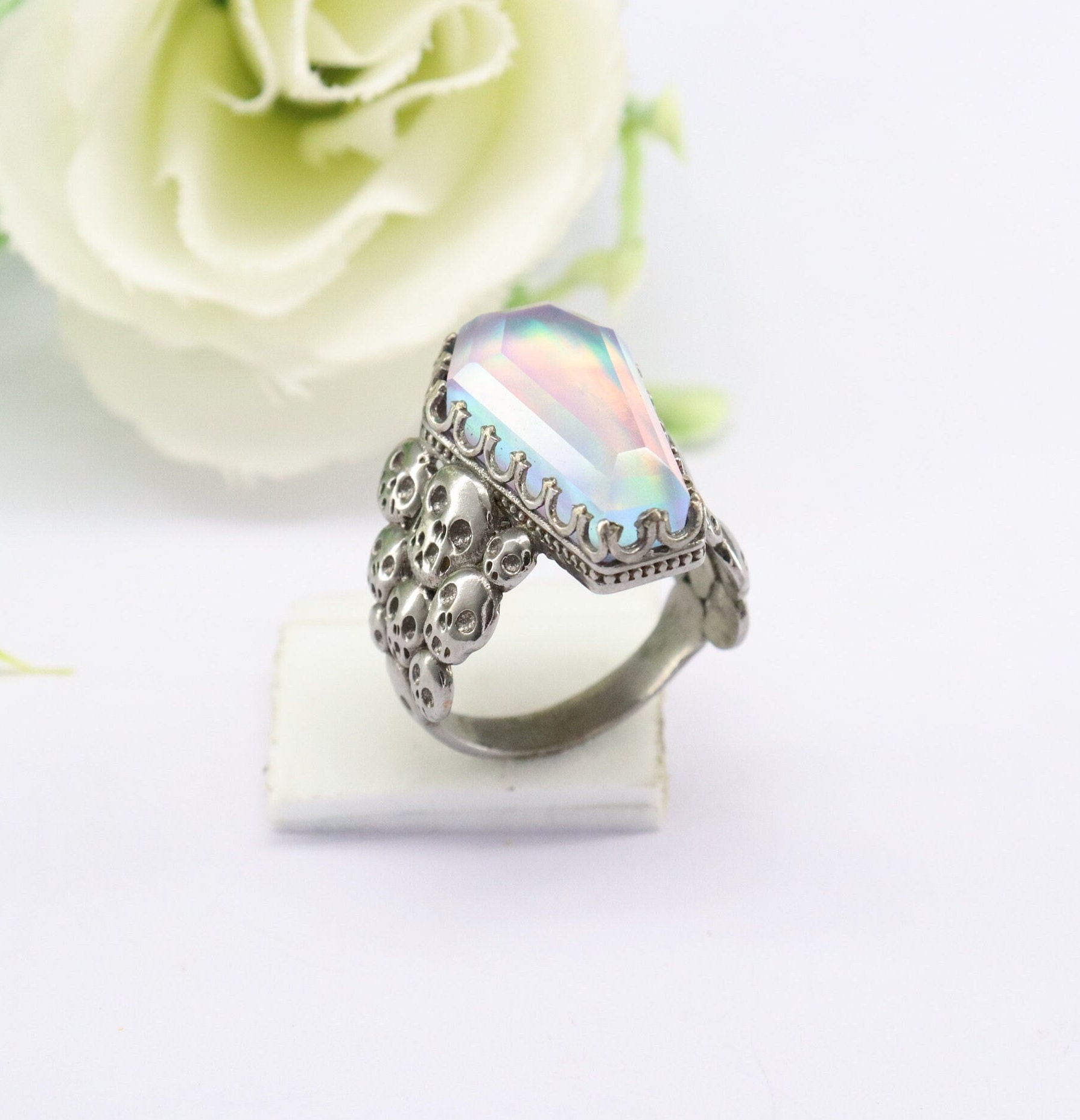 Aurora Opal Coffin Ring,925 sterling silver ring, Skeleton Coffin Ring,black rhodium Ring, Skull jewelry Ring, Handmade Ring, Gift for Her,
