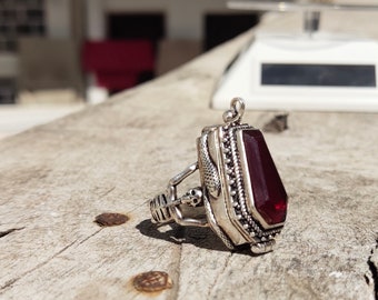 Red Glass Coffin Locket Ring: Sterling Silver Snake Skeleton Ring