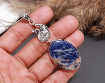 Orange Sodalite Sterling Silver Pendant Necklace: Boho Gemstone Jewelry