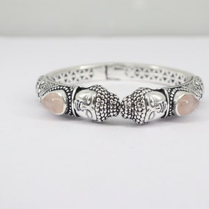 christmas giftHandmad Carving Bhuddha Bangle, Rose Quartz Stone Bangle, 925 Silver Bracelet With Bhuddha Head,Unique and very solid.
