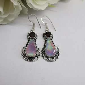 Aurora Opal 925 Silver Coffin Earrings,Garnet earrings,Beautiful Wedding Drop &Dangle Earrings.Handmade Earring,Birthday Gift For Her