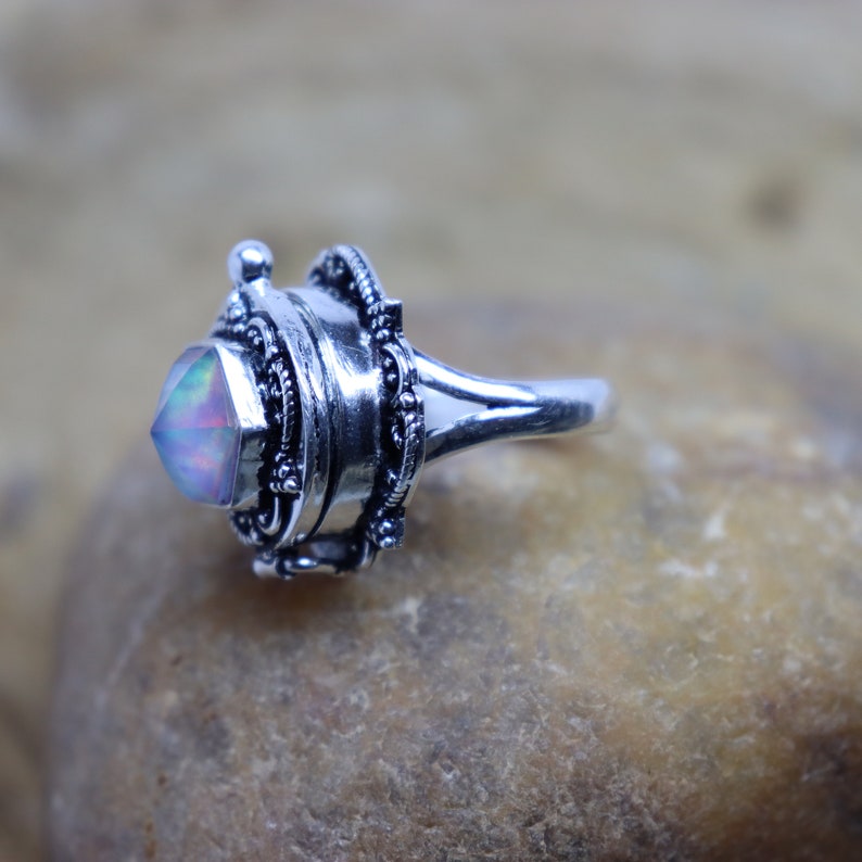 Poison Ring, 925 Sterling Silver Plated, Aurora Opal Poison Ring, Opal Box Ring, Oxidized Ring, Love Ring, Handmade Jewelry, Gift For Her image 4