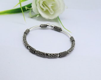 Handmade Sterling Silver Bangle: Carved Stackable Silver Bracelet