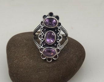 Natural Amethyst Cushion Cut  ring-Gemstone Purple Three Stone Ring-Antique Ring- Statement Ring-925 Sterling Silver Plated Ring