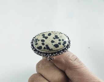christmas giftTriangle Natural Dalmatian Jasper Ring - Handcrafted Ring - Bezel Set Ring . Statement Rings .925 Silver Ring