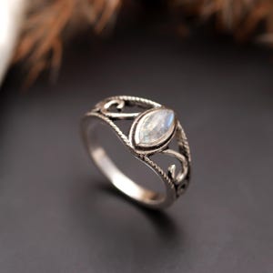 Blue Moonstone Ring: Marquise Sterling Silver Solitaire