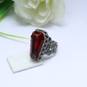 Red Glass Coffin Ring: Sterling Silver Skull Jewelry