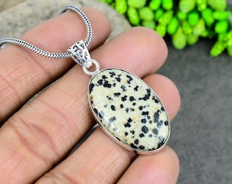 Dalmatian Jasper Pendant Necklace: Oval Sterling Silver Handmade Jewelry