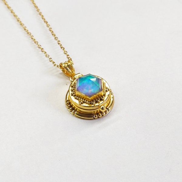 Poison Pendent, gold plated  pendent,Aurora Opal Poison Pendent, Opal Box Pendent, Handmade Jewelry,Gift For Her,small box Pendent,