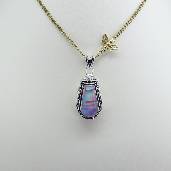 Aurora Opal Coffin Pendant: Handmade 925 Silver Snake Necklace
