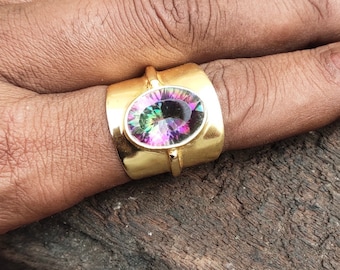 Gold Plated Mystic Topaz Ring: Oval Gemstone, Handmade Jewelry
