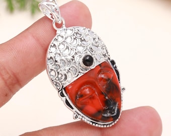 Black Onyx Goddess Face Pendant: Sterling Silver Memento Mori