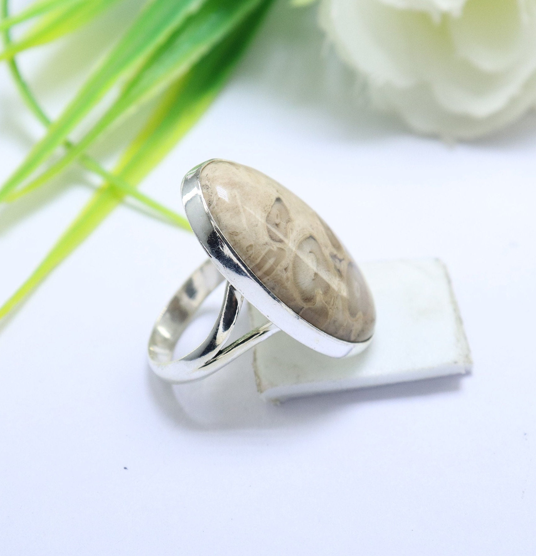 Bague En Argent 925 Jaspe Grain De Café - Taille 6 - Faite Main Inde - Neuf Sans Emballage