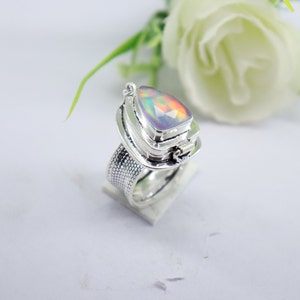 Aurora opal poison ring,925 sterling Silver poison Ring,Compartment Ring,locket ring ,Handmade Ring,small box ring,gift for her